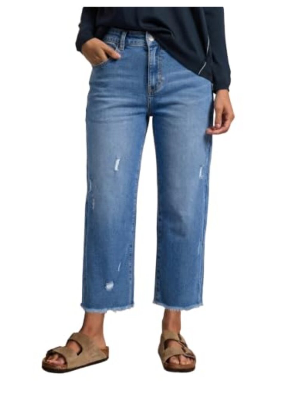 Mid Rise Distressed Ankle Jeans Straight Leg Frayed Raw Hem Denim
